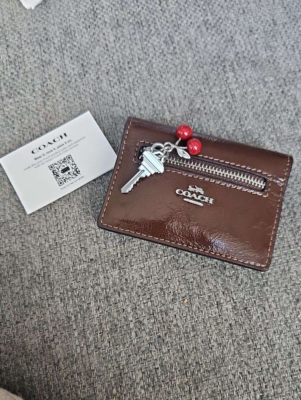 Coach Brown Patent Leather Card & Key Holder with Red Bead Charm
